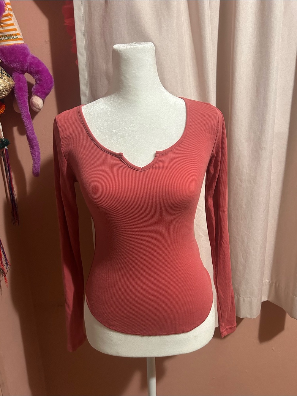 Old Navy Coral Ribbed Long-Sleeve Notch-Neck Top